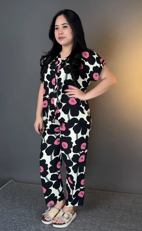 Premium Black Floral Printed Rayon Co-Ord Set