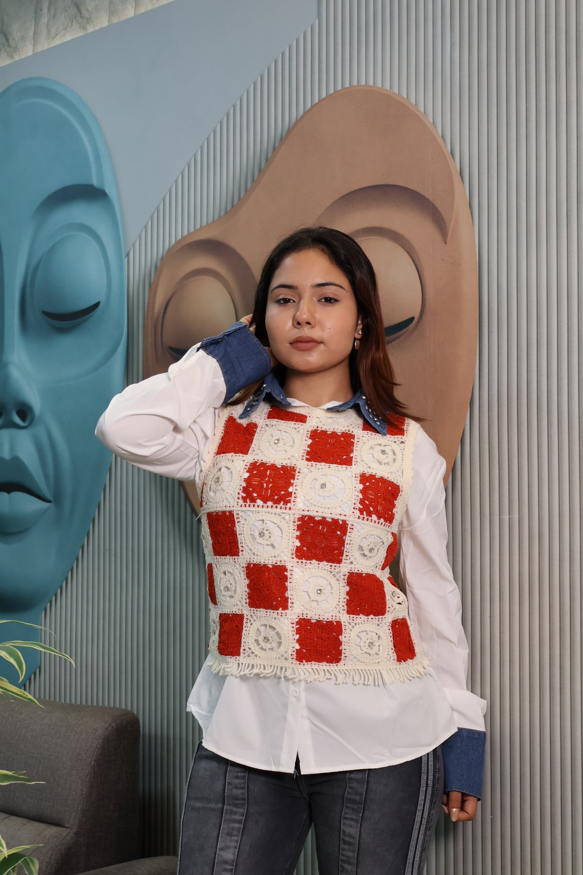 Crochet Patchwork Layered Shirt Top with Denim Collar