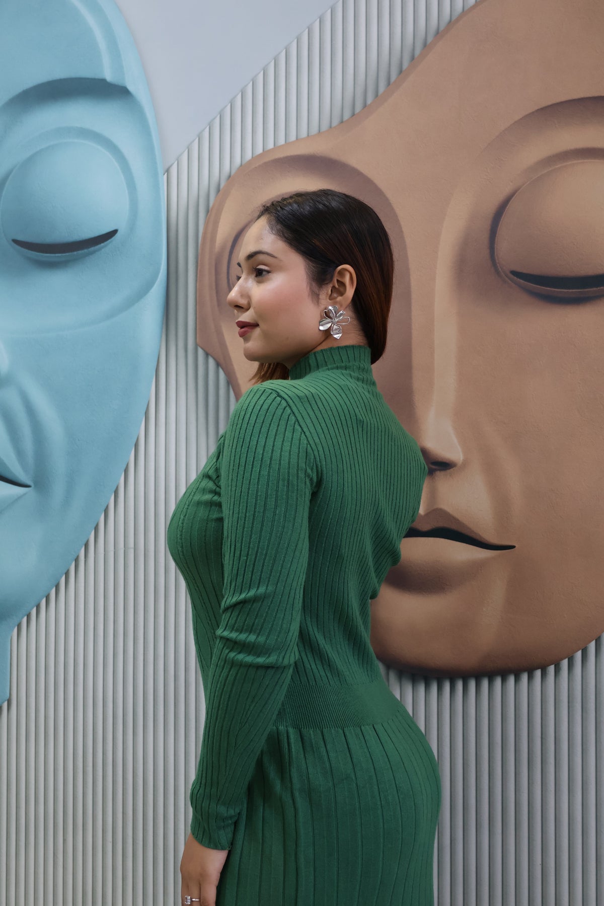 Green Ribbed Knit Midi Dress with Button Detail