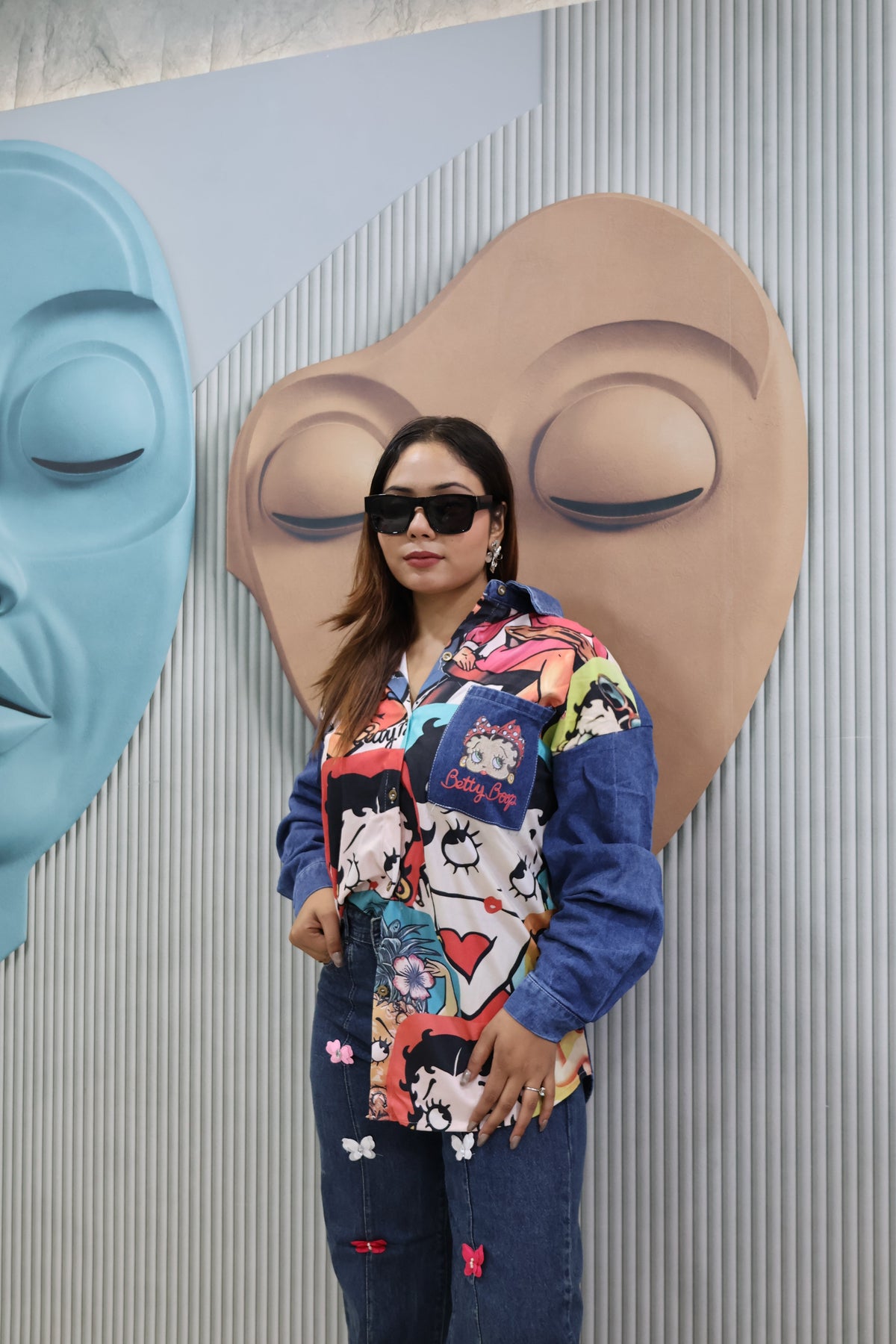 Cartoon rubber Print Denim Patch Shirt | Trendy Casual Wear Top