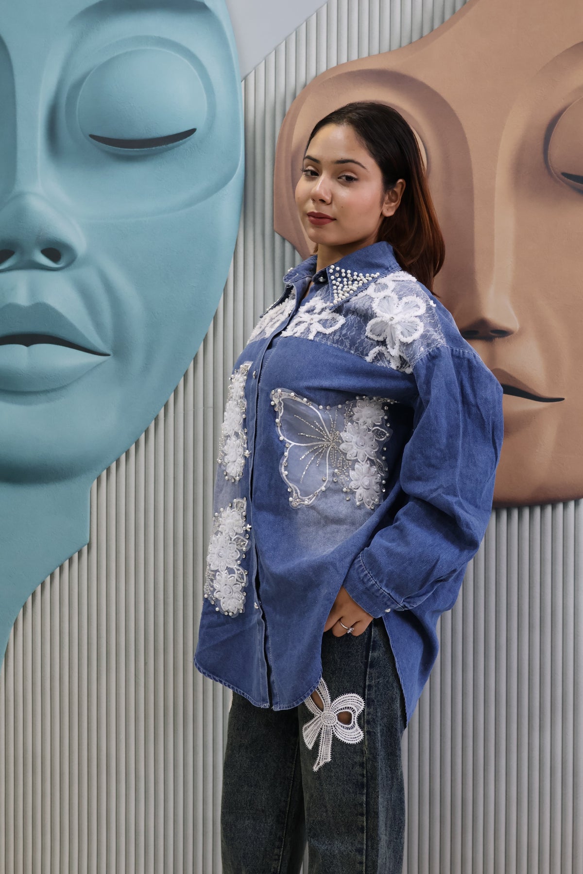 Denim Shacket with Butterfly Applique & Pearl Detailing | Designer Jacket-Style Shirt